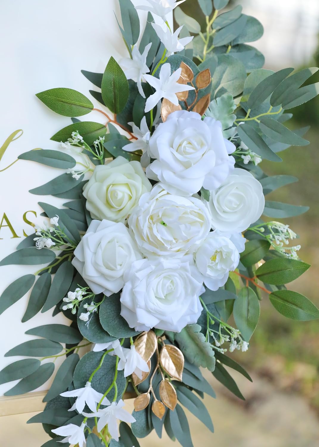 Artificial White Wedding Arch Flower Swags Set of 2 for Welcome Signs, Reception and Ceremony Decorations - Gold Floral Decor