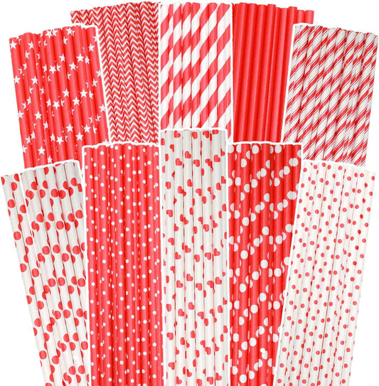 Red Paper Straws for Drinking Red Disposable Straws 150pcs Disposable Straws Bulk（10 Pattern） qiqee