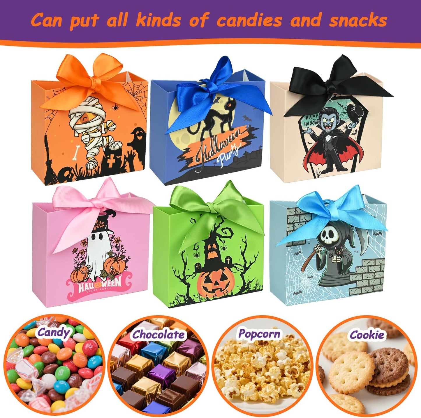 24PCS Halloween Goodies Bags, Trick or Treat Candy Gift Paper Bags Bulk with Ribbons, Halloween Treat Boxes for Kid, Party Favor, Classroom Exchange, Home Decoration 4.5 x 3.9 x 1.7 Inches
