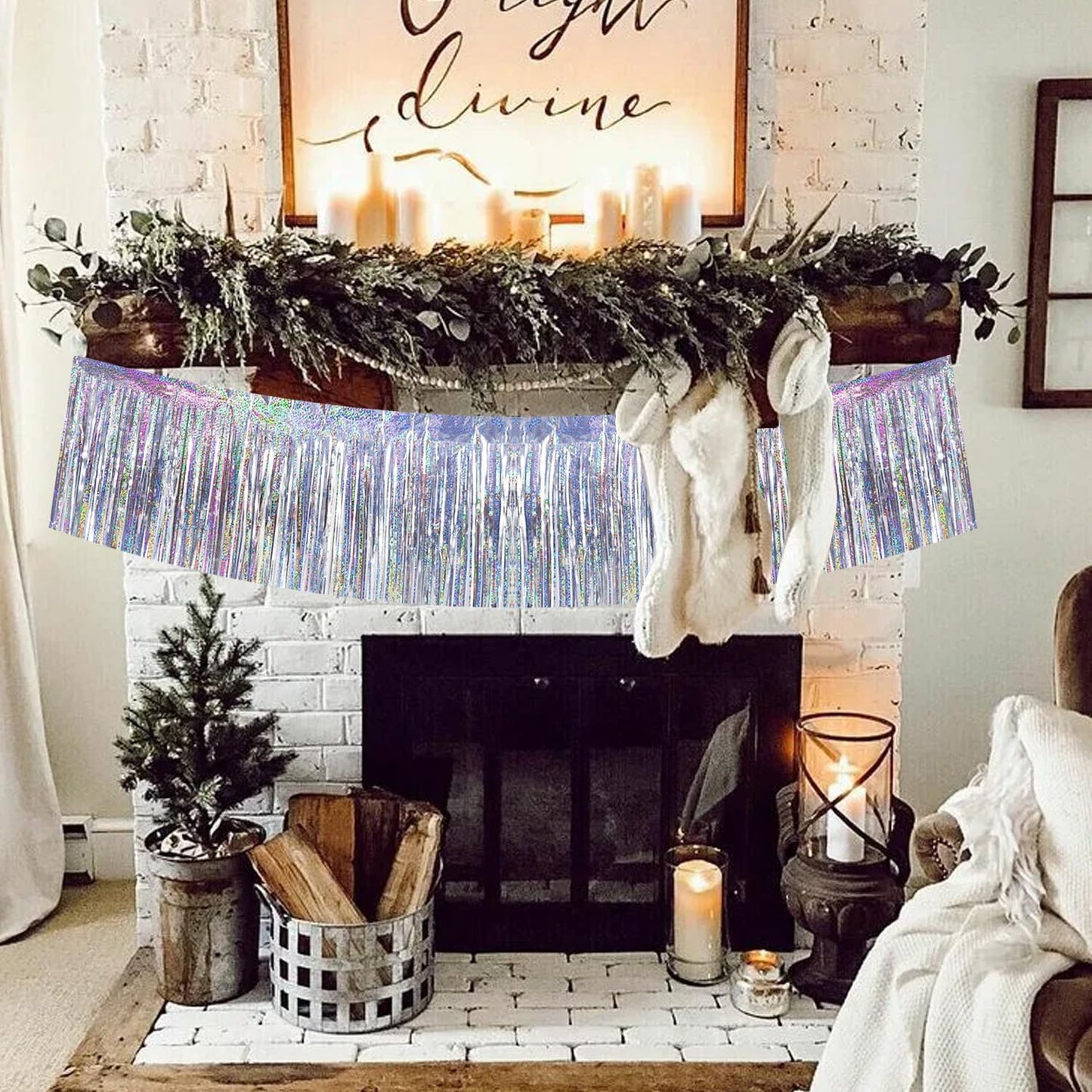 BEISHIDA 3 Packs 30 Feet Metallic Foil Fringe Garland Tinsel Streamers，Laser Silver Wall Hanging Tinsel Fringe Banners for Wedding Birthday Party Decoration Halloween Christmas New Year