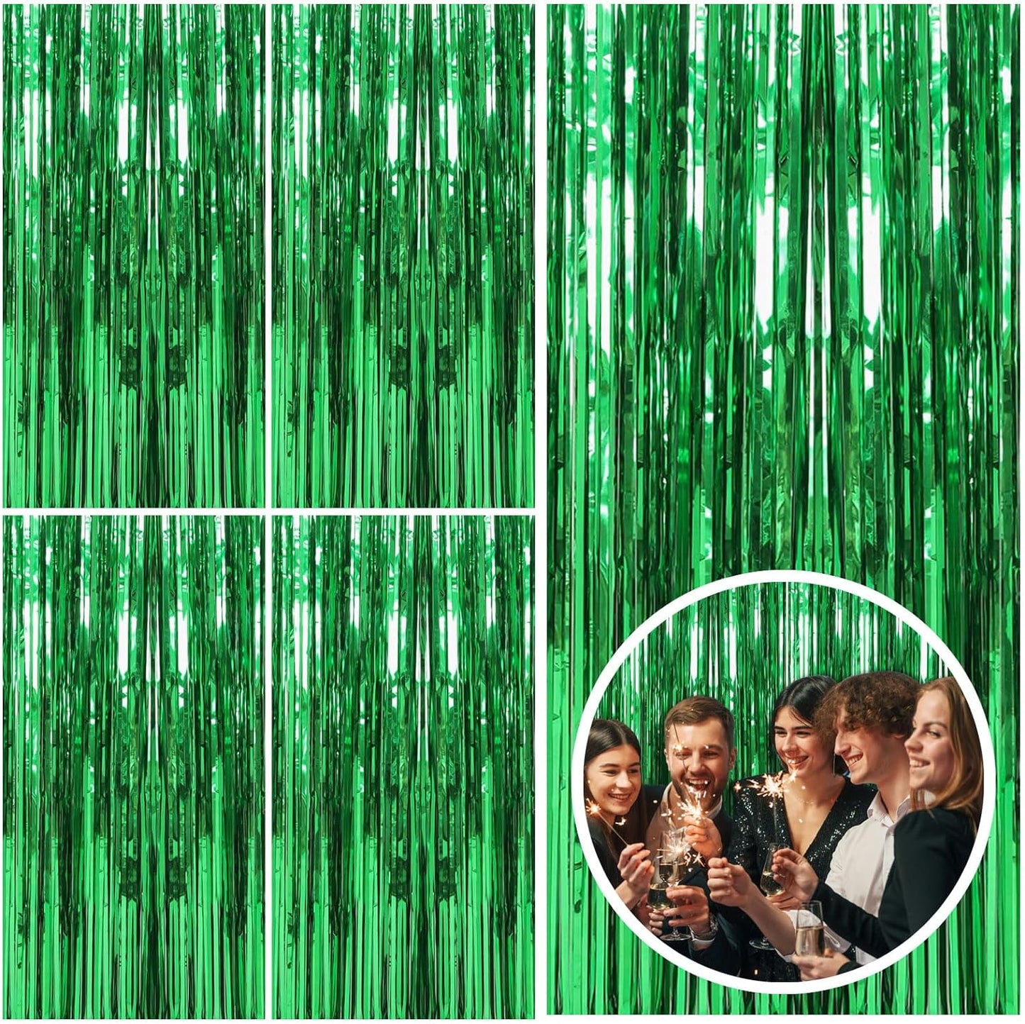 5 Pack Green Streamers Backdrop Jungle Party Decorations Foil Fringe Backdrop Curtains Photo Booth Backdrop for Birthday Dinosaur Animal St Patrick's Day Football Christmas Party Decorations