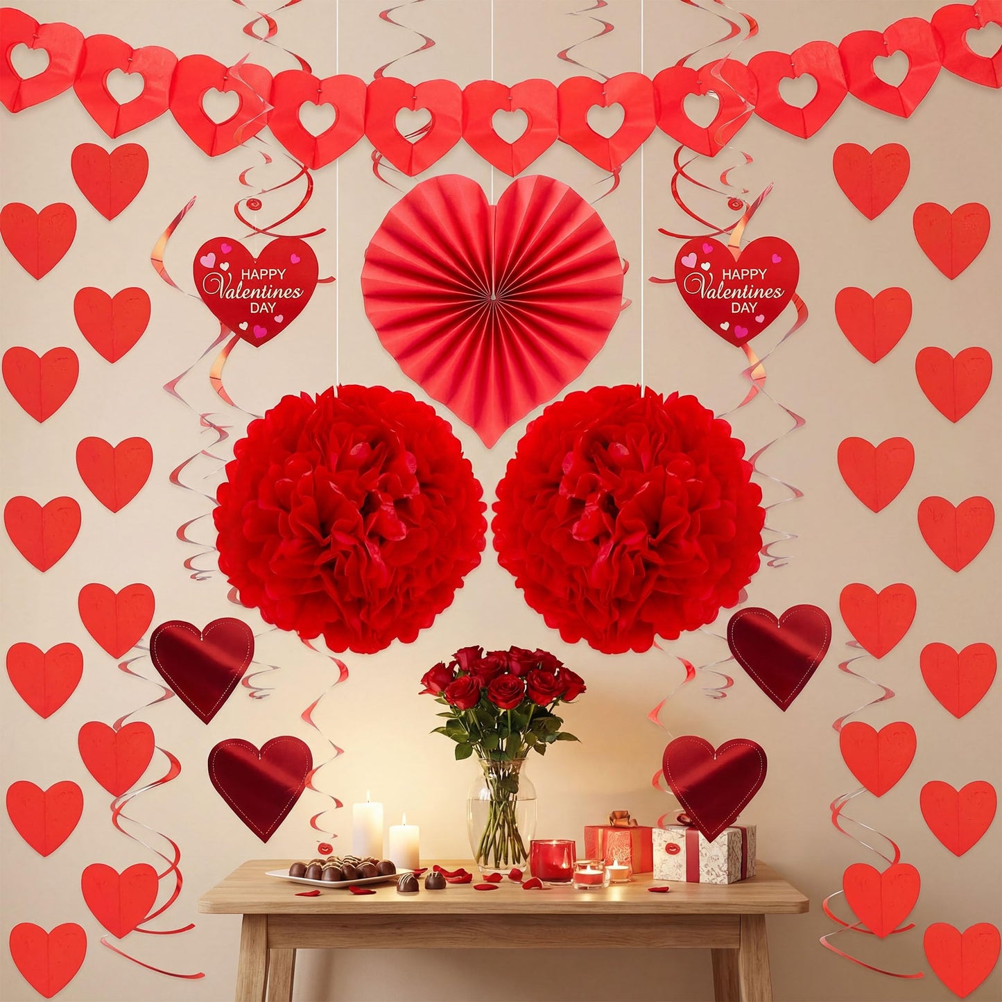 JOYIN 27 Pieces Valentines Day Swirl String Cutout, Decoration Kit with Heart Shaped Garland