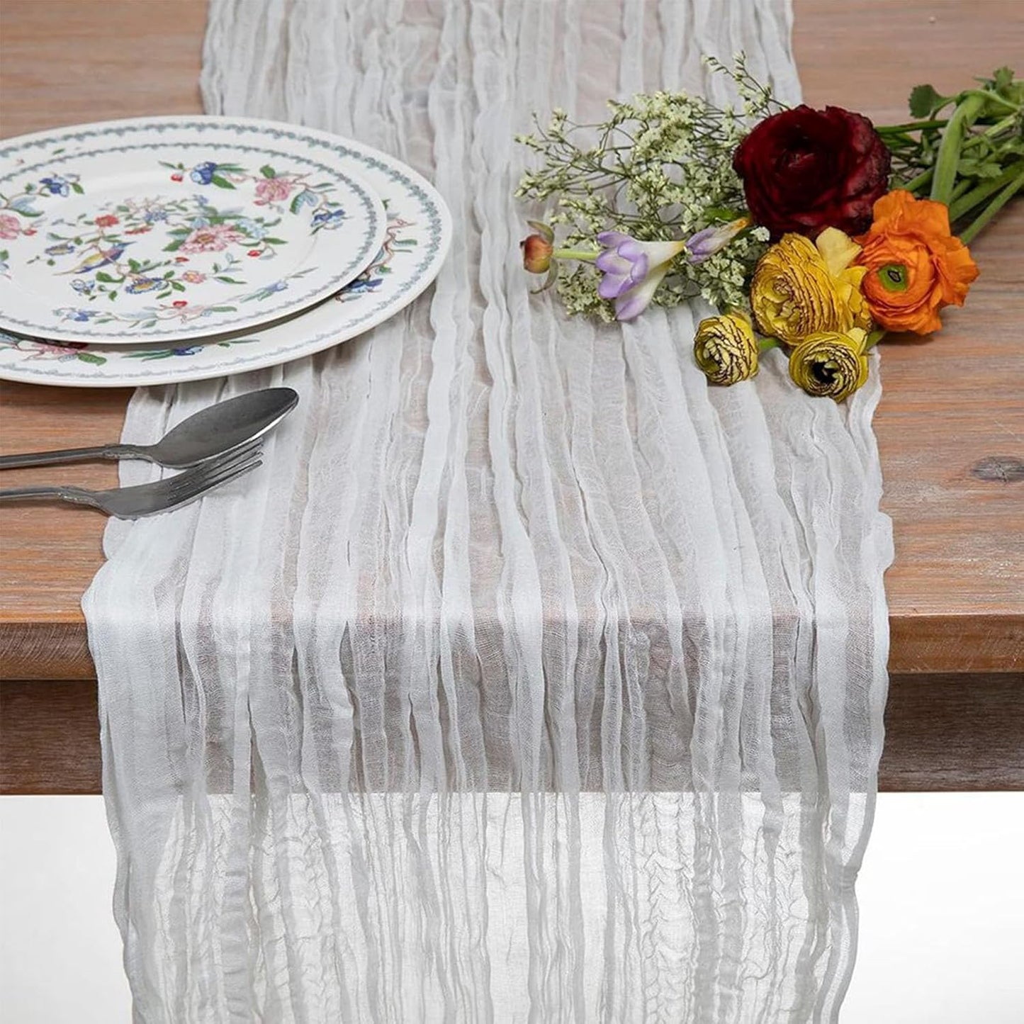 8 Pack 10Ft Cheesecloth Table Runner 35x120 inch White Boho Gauze Long Table Cloth Wrinkled Sheer for Wedding Bridal Shower Birthday Party Table Decor