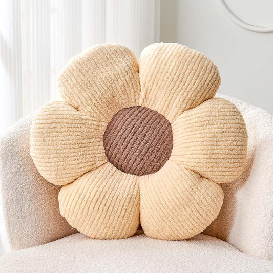 White Brown Flower Pillow, 14.9" Cute Flower Shaped Floor Pillow, Aesthetic Floral Plush Daisy Decorative Throw Pillows for Bed Sofa Couch