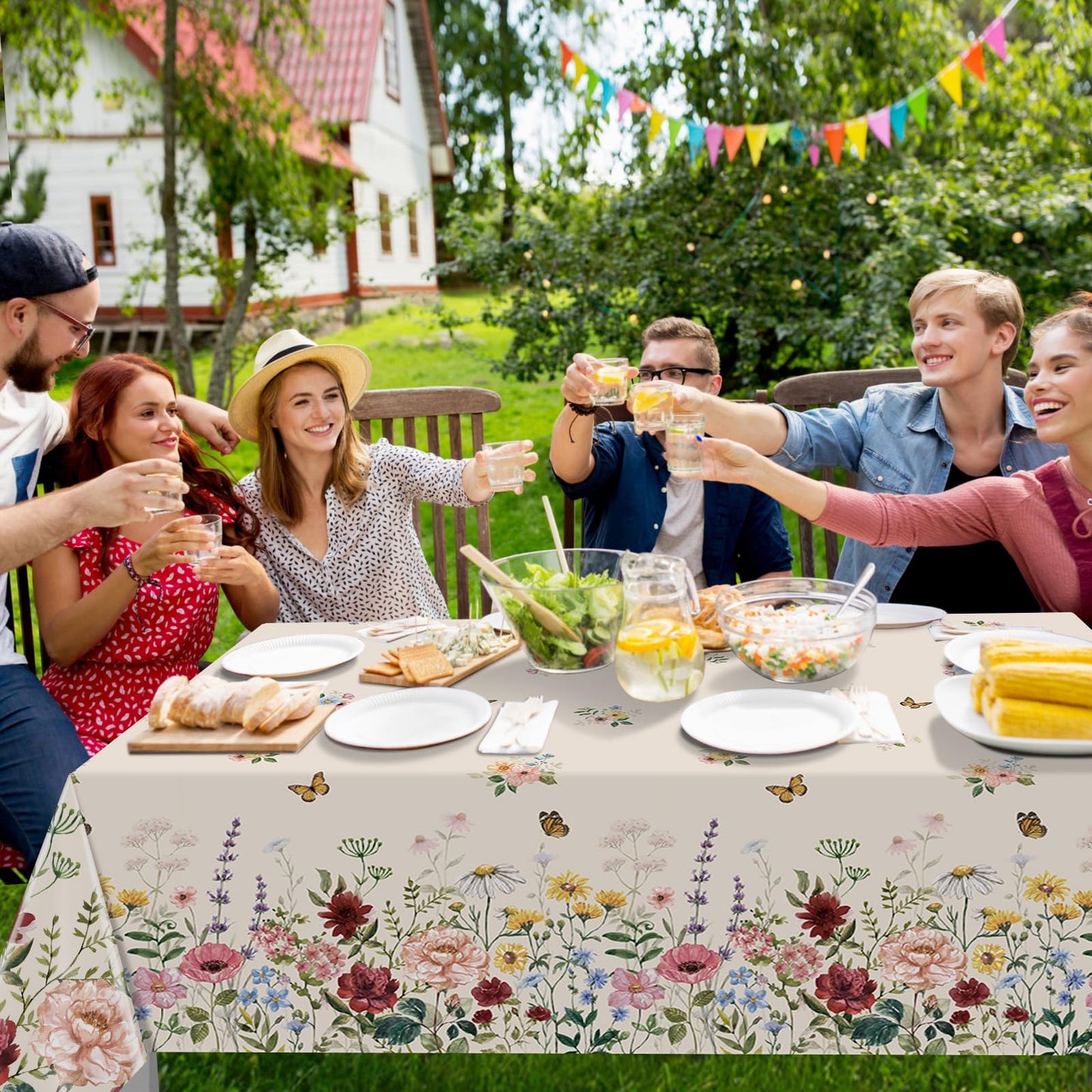 3 Pcs Spring Floral Tablecloth, Butterfly Wildflower Plastic Disposable Tablecloth Rectangle Table