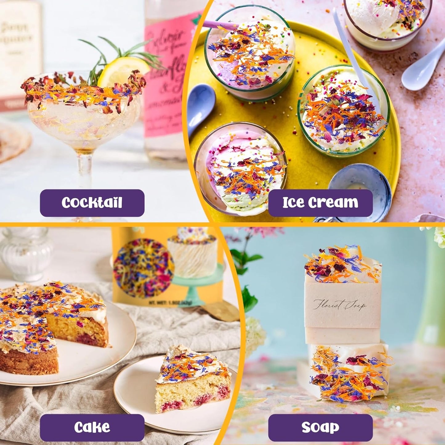 4 Kinds Natural Dried Edilble Flowers Petal Blend (3.5 Ounce), Edible Flowers for Cocktail, Cake Decoration, Soap Making, Ice cream. Include Rose Petals, Cornflower, Osmanthus, and Calendula