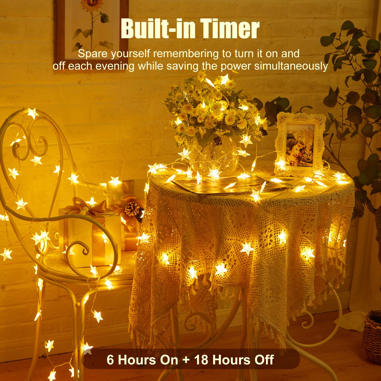 Minetom Star String Lights Battery Operated - 17 ft 50 LED Star Fairy String Lights with Timer