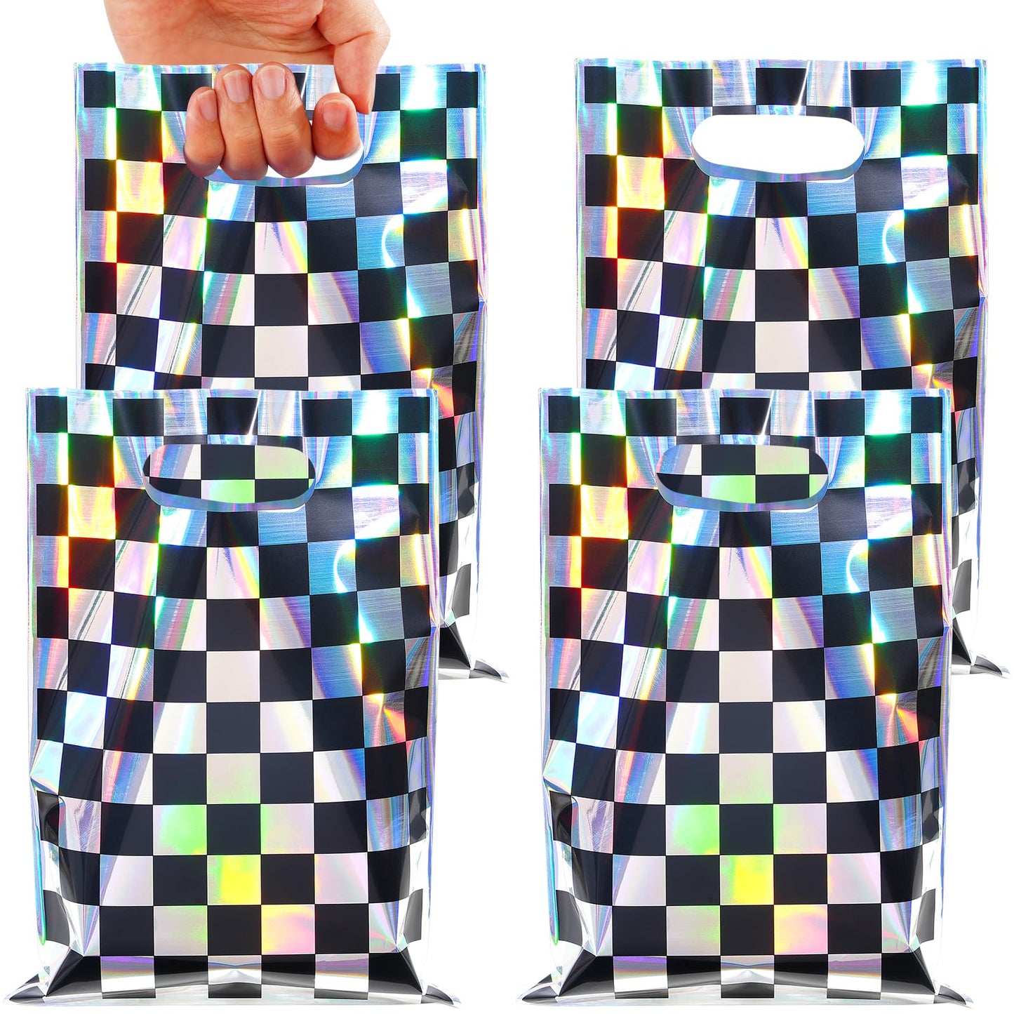 FunnyPars 50 Pcs Iridescent Checkered Race Car Party Favor Bags