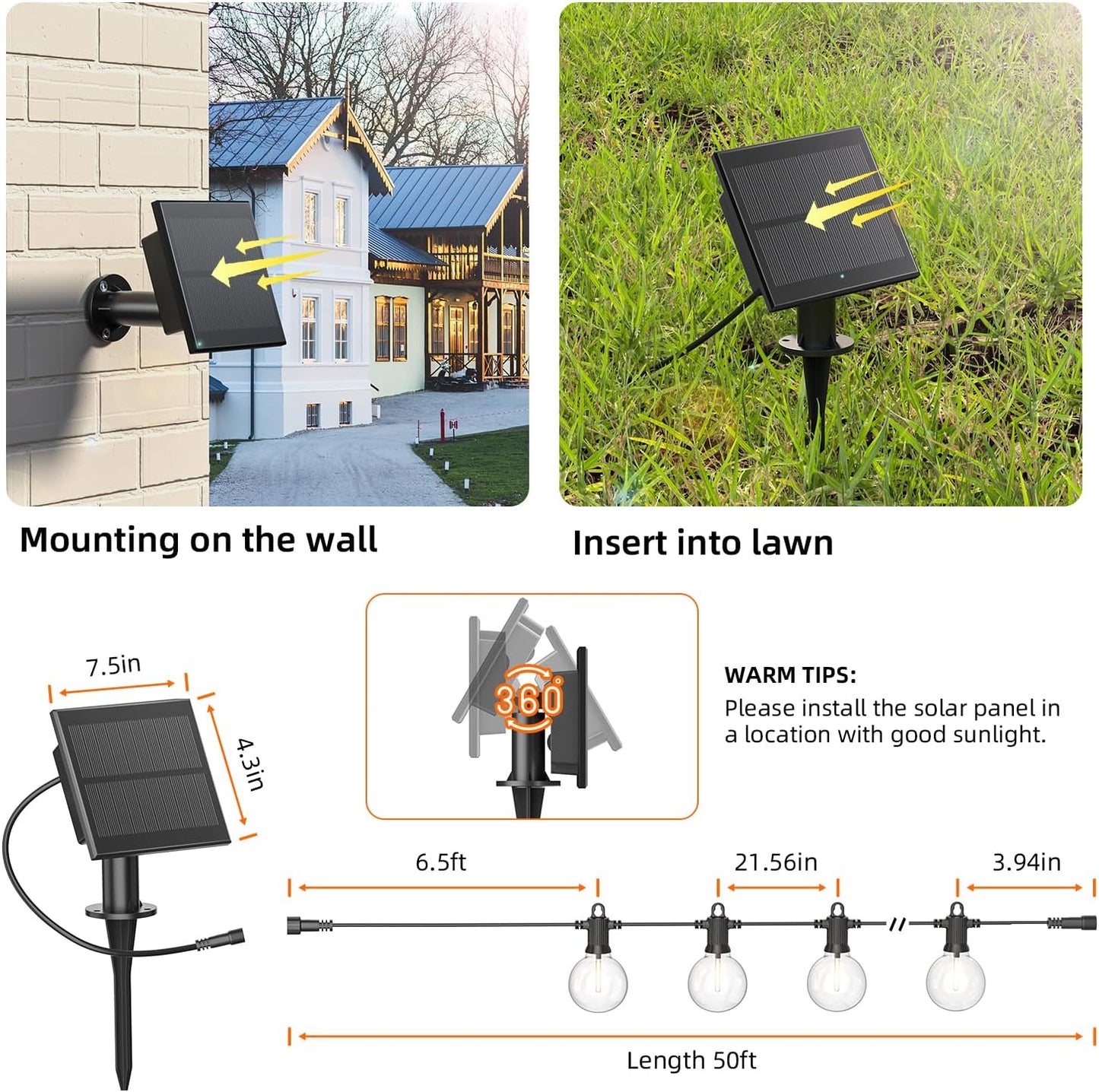 Kawaya Solar Powered String Lights for Outside, Outdoor IP65 Waterproof LED Patio Light with USB-Charging, Shatterproof Edison Hanging Lights for Bistro Yard Cafe Porch Camping (Solar-Powered 50FT)