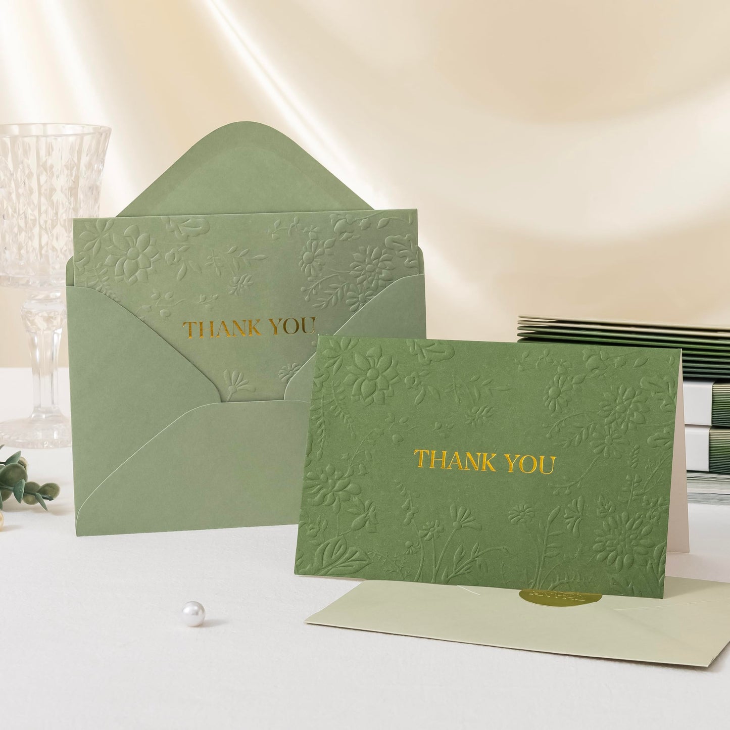 Crisky Bridal Shower Thank You Cards with Envelopes(Sage Green),50 Pack Embossed Floral Thank You