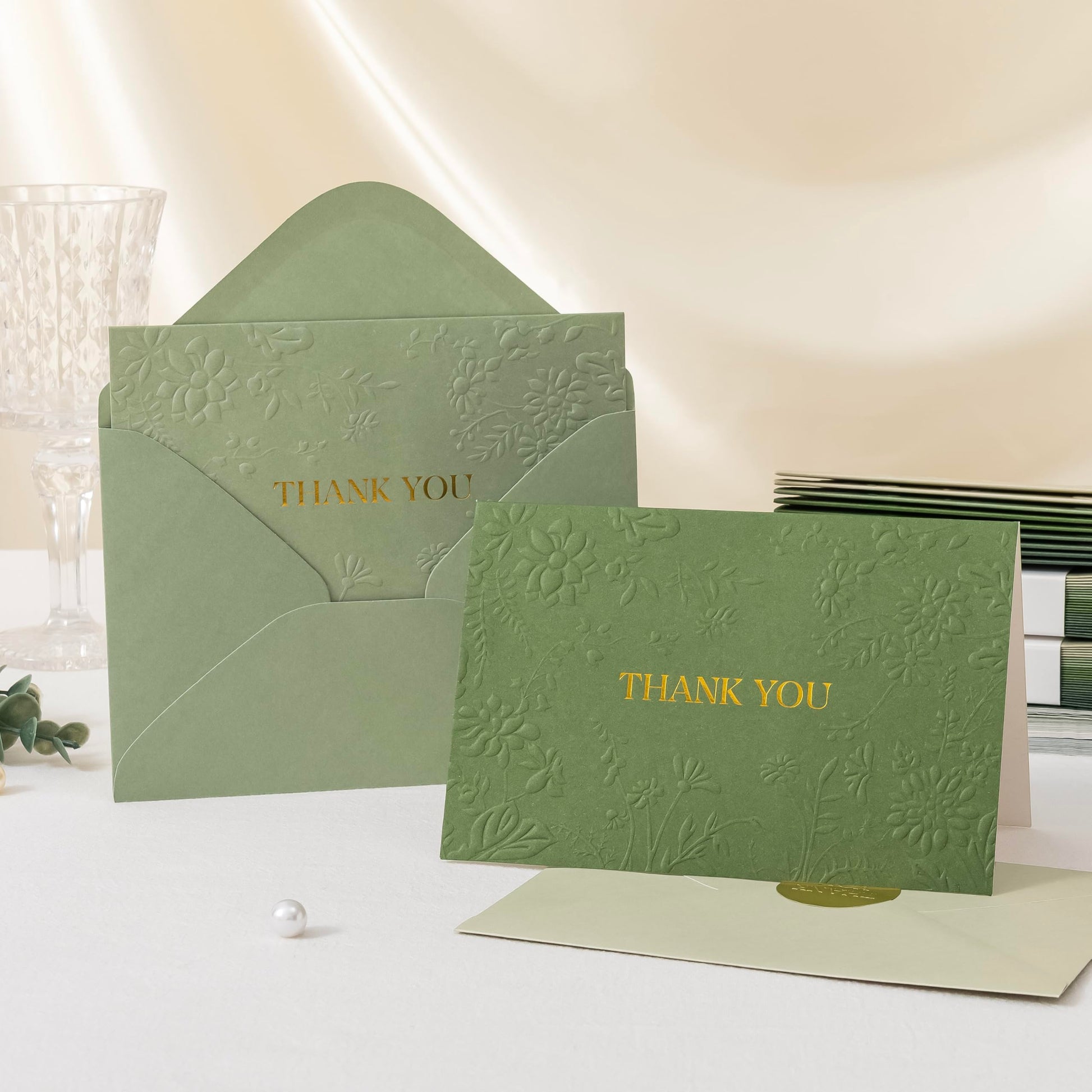 Crisky Bridal Shower Thank You Cards with Envelopes(Sage Green),50 Pack Embossed Floral Thank You