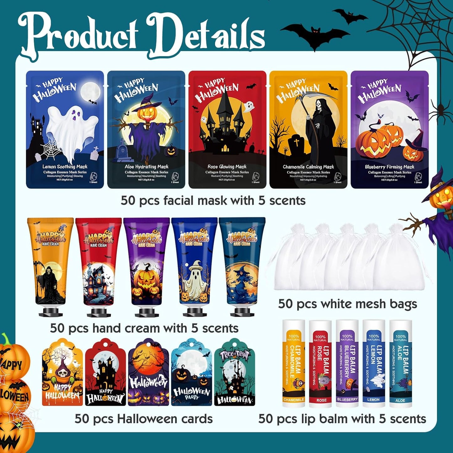 VESPRO 50 Pack Halloween Hand Cream, Facial Mask and Lip Balm Set, Bulk Halloween Gifts for Women, Halloween Decorations, Halloween Party Favors, Halloween Basket Stuffers and Halloween Skincare