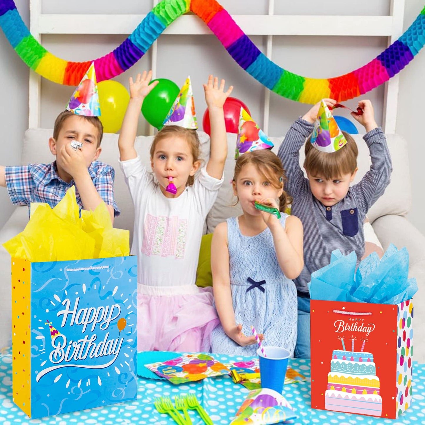 Birthday Gift Bag with Handle and Tissue Paper, 12 Pcs Gift Bags Assorted Sizes and Designs, Large