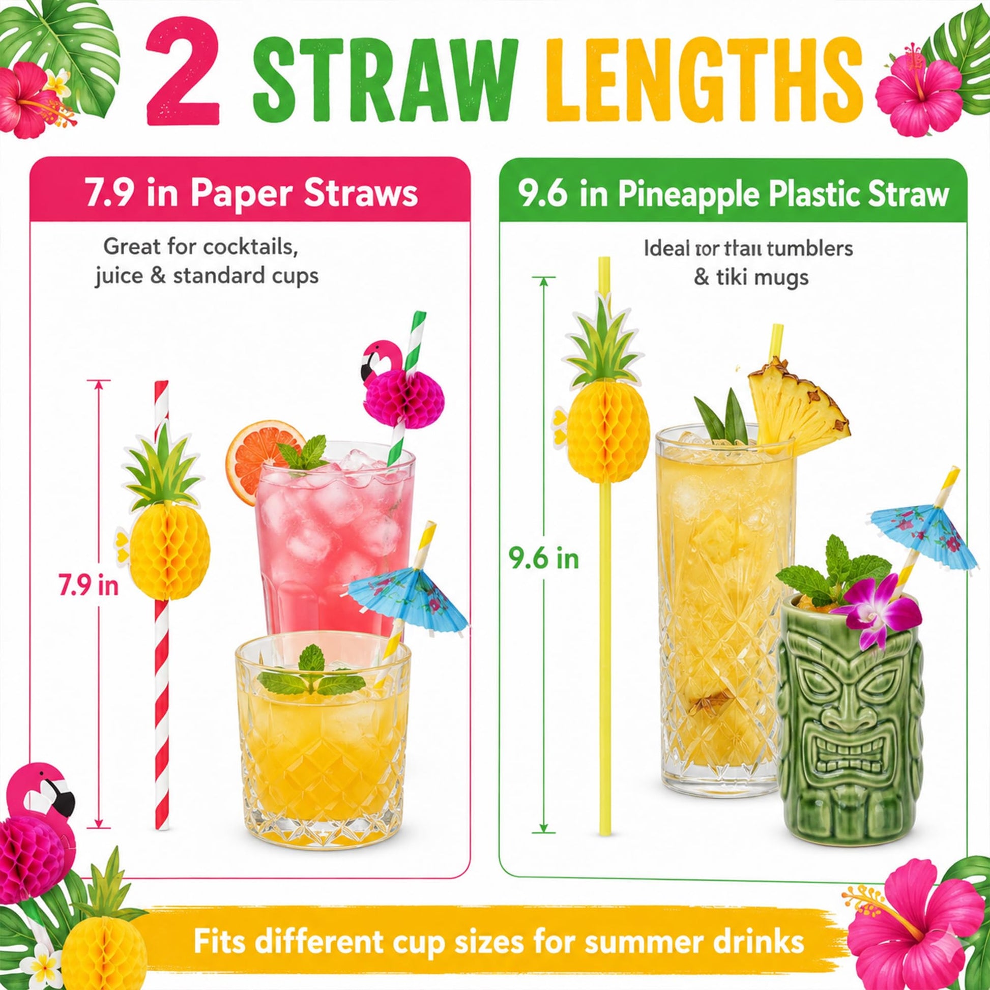 Haundry 100PCS Luau Party Cocktail Straws, 3D Honeycomb Flamingo Fruit Umbrella Paper Straws with