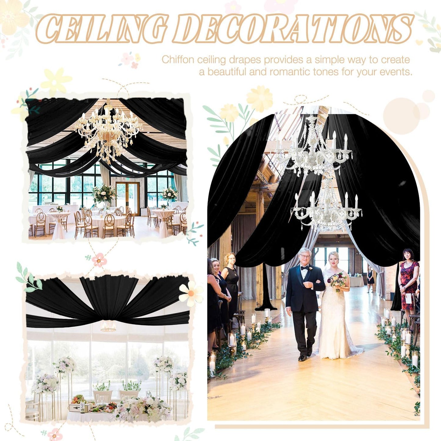 FUHSY Ceiling Drapes Black Wedding Arch Draping Fabric 5FTx20FT Chiffon Curtains 2 Panels Tent Drapes for Events Sheer Backdrop Drapes Wedding Arches for Ceremony Canopy Ceiling Curtains Tulle Drapery
