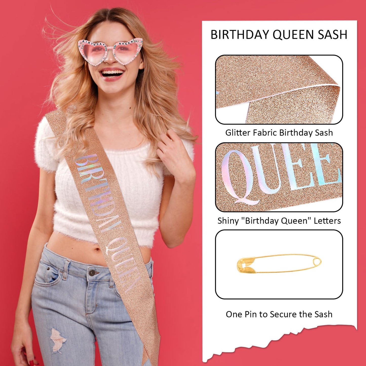 Tihebax Birthday Sash for Women, Birthday Queen Sash with Glasses for Girls Women Birth Day