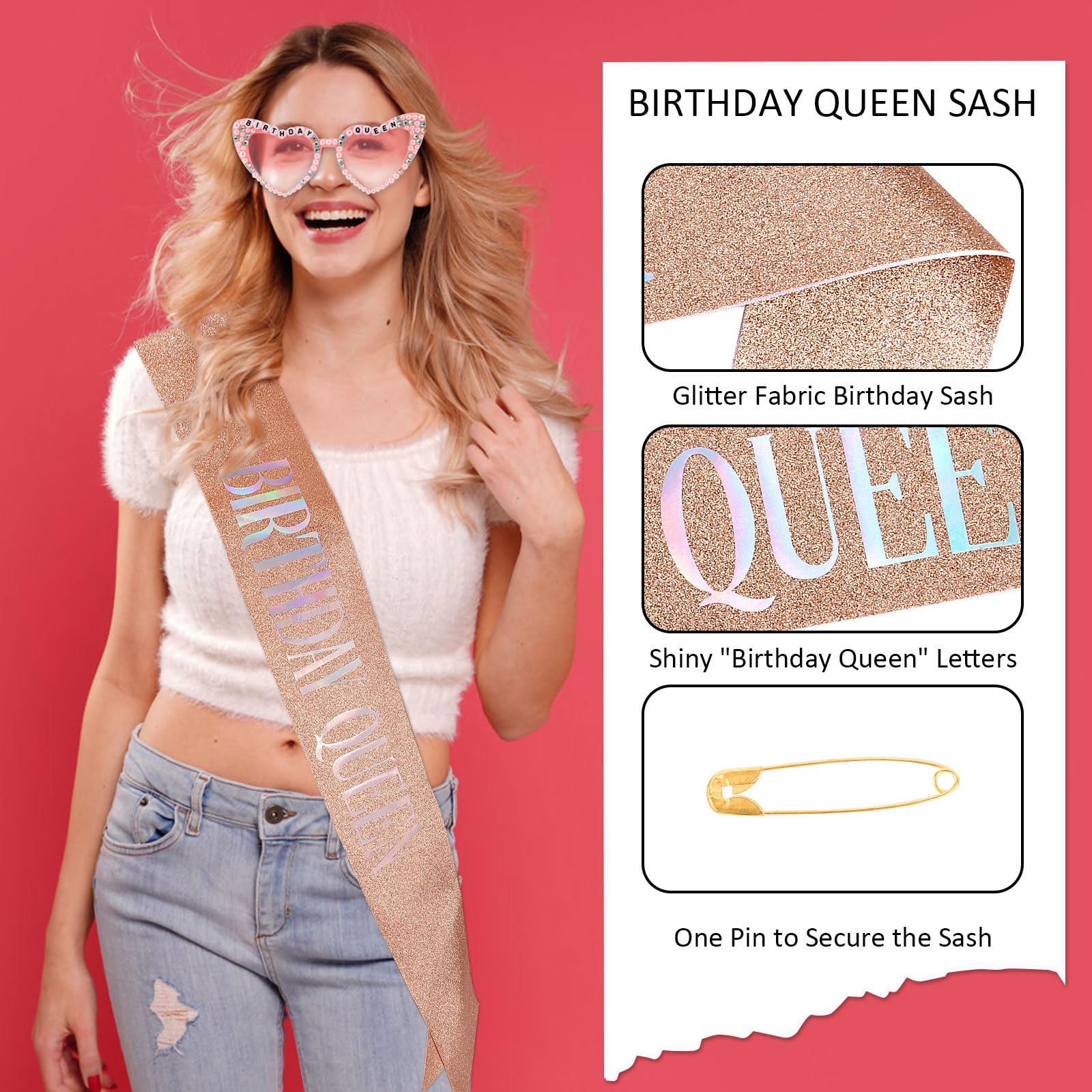 Tihebax Birthday Sash for Women, Birthday Queen Sash with Glasses for Girls Women Birth Day