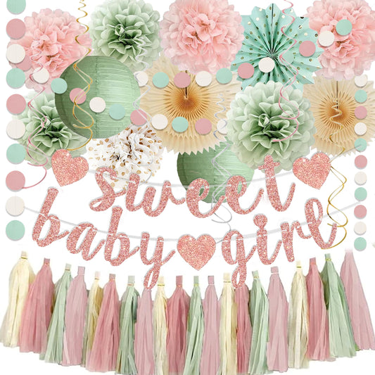 Sage Green and Blush Pink Baby Shower Decorations - Sweet Baby Girl Banner, Olive Green Lanterns