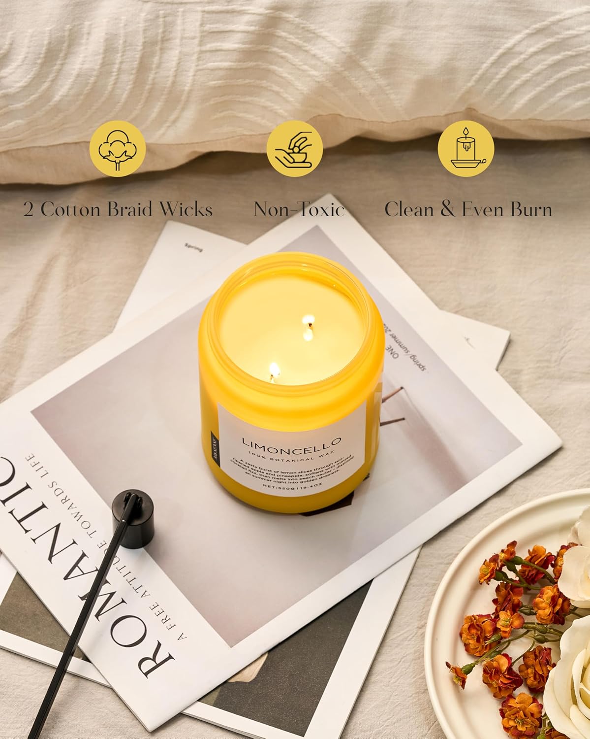 M&SENSE Limocello Summer Scented Candle, 19.4oz 110 Hours Long Lasting Burn Non Toxic Natural Soy Wax Lemon Highly Scented for Home Decor, 2 Wick Relaxing Candle Gifts for Yoga Spa Meditation