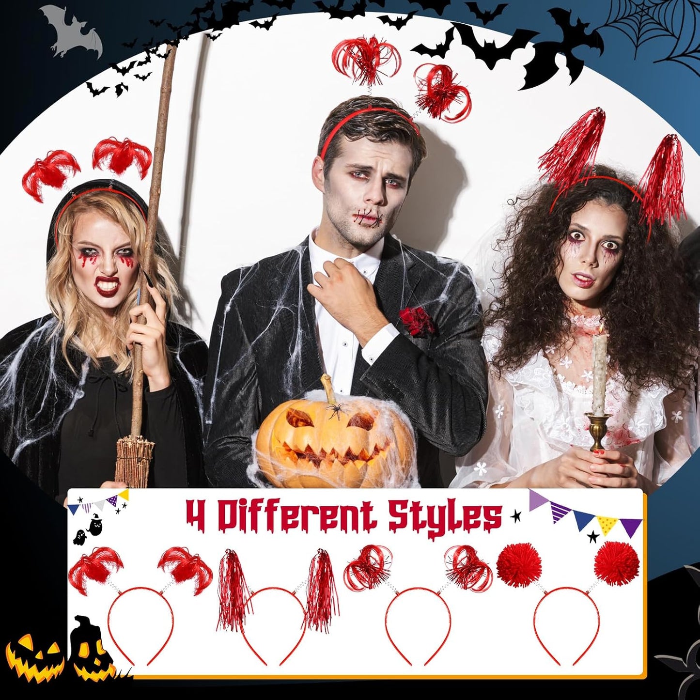 Censen 12 Pcs Halloween Pom Pom Party Headbands Tinsel Ponytails Spirit Head Bopper Headwear for Christmas Birthday Holiday