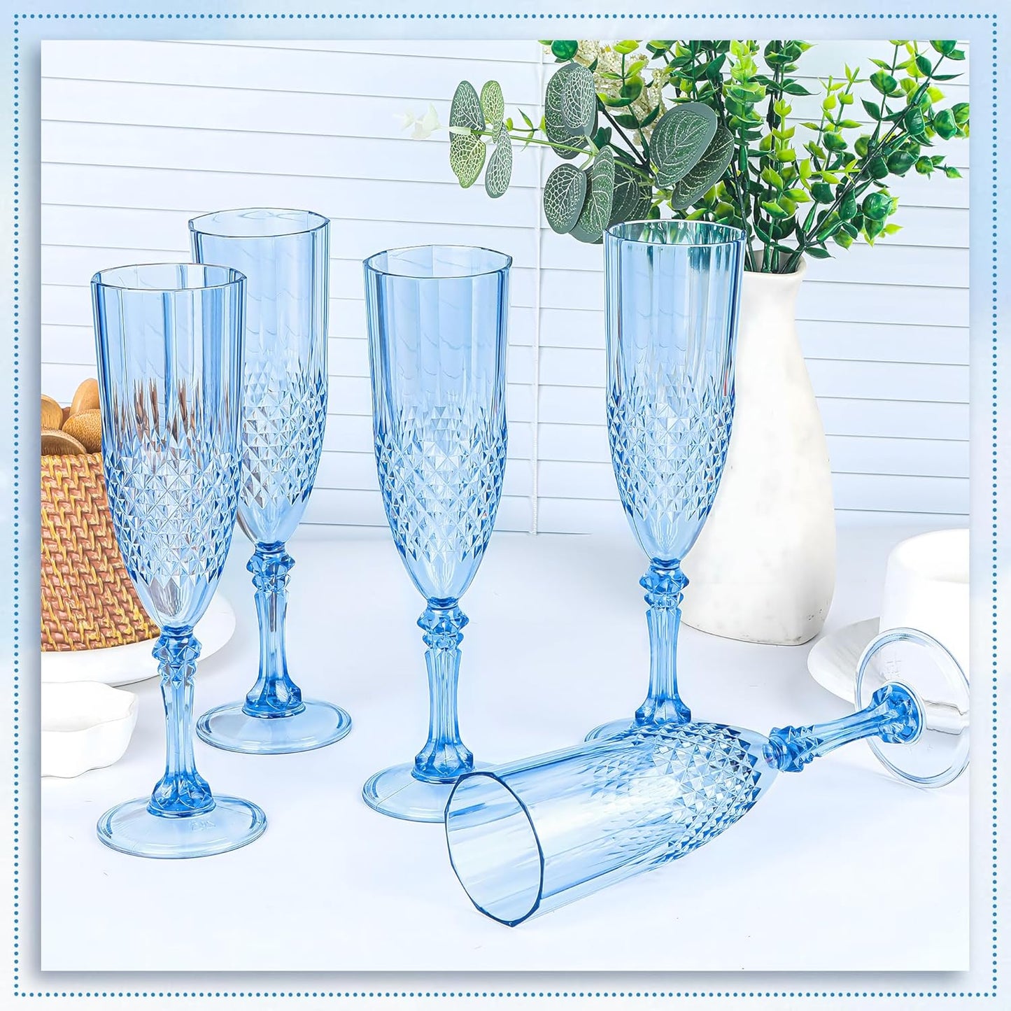Plastic Champagne Flutes, 12PCS Blue Wine Glasses Goblets Cups Reusable Flute, for Weddings Bachelor Parties Toasting and Events (12, Blue)