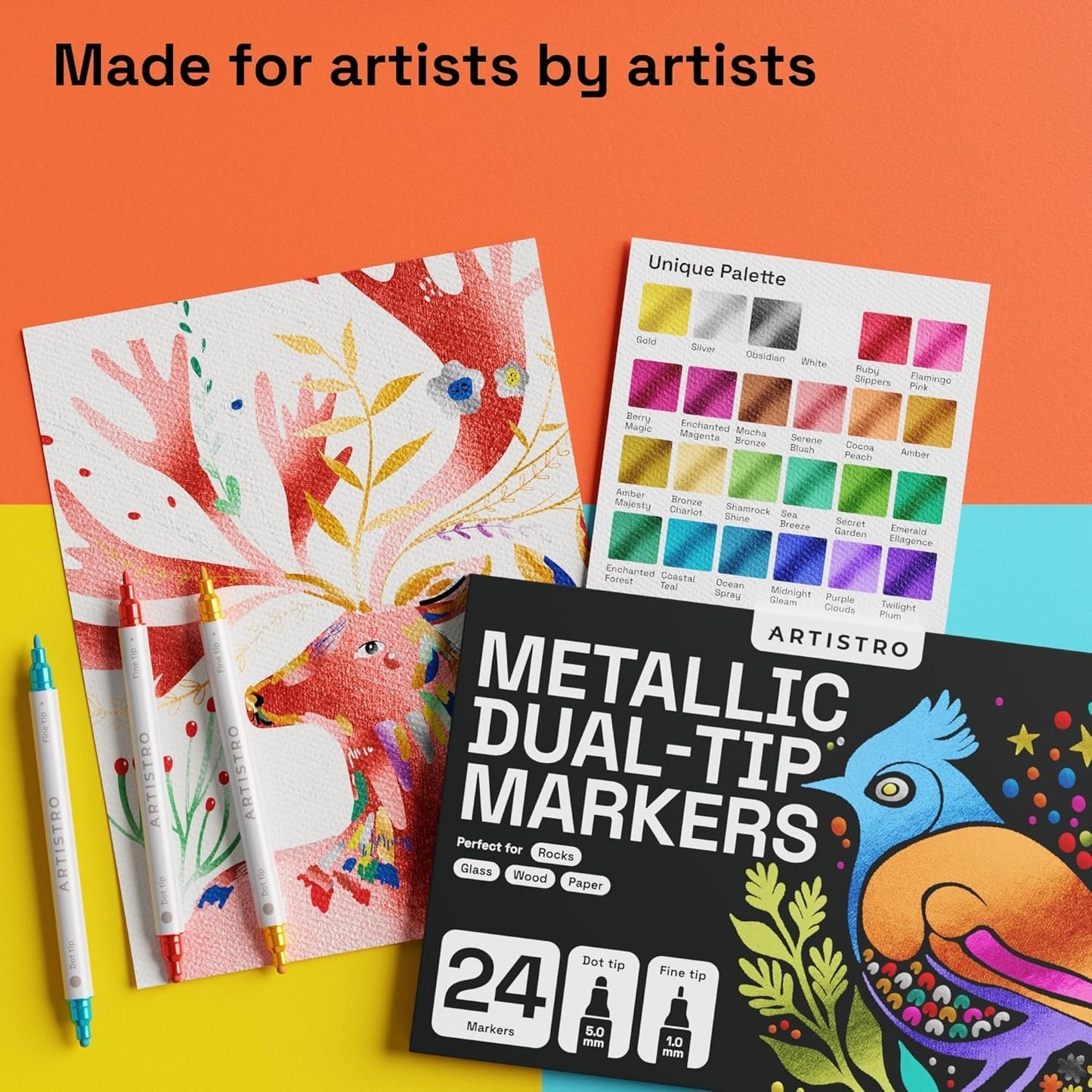 ARTISTRO 24 Metallic Dual-Tip Acrylic Paint Markers for Rock, Canvas, Glass, Wood, & More Fine + Dot Tips