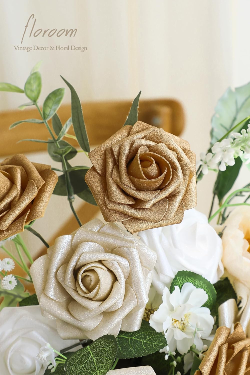 Floroom Artificial Flowers 25pcs Real Looking Gold & Champagne Gold Foam Fake Roses with Stems for DIY Wedding Bouquets Bridal Shower Centerpieces Floral Arrangements Party Tables Home Decorations