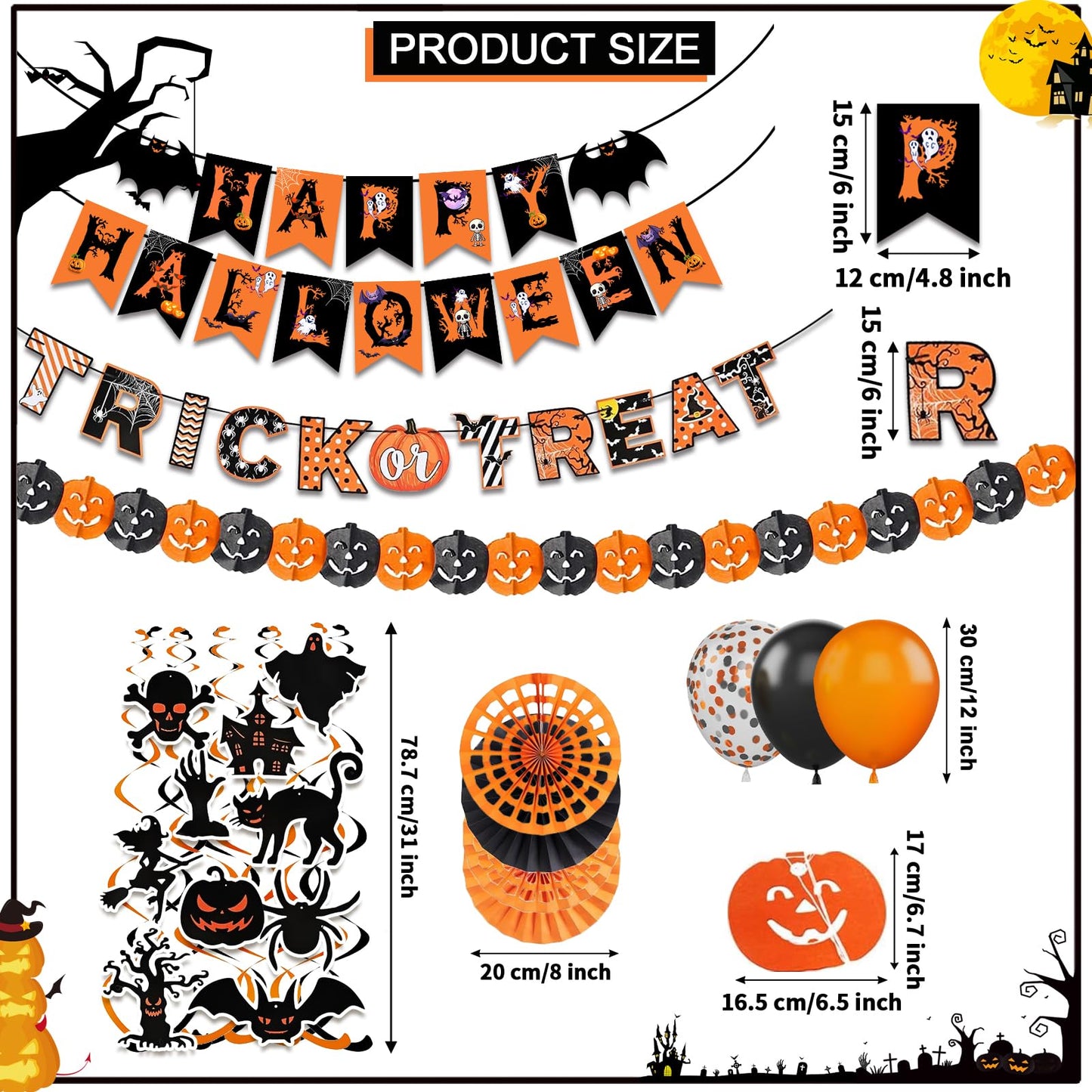 Happy Halloween Trick or Treat Banner Paper Fan Balloons & Swirl Streamers Goul Bat Cat Bird Ghost