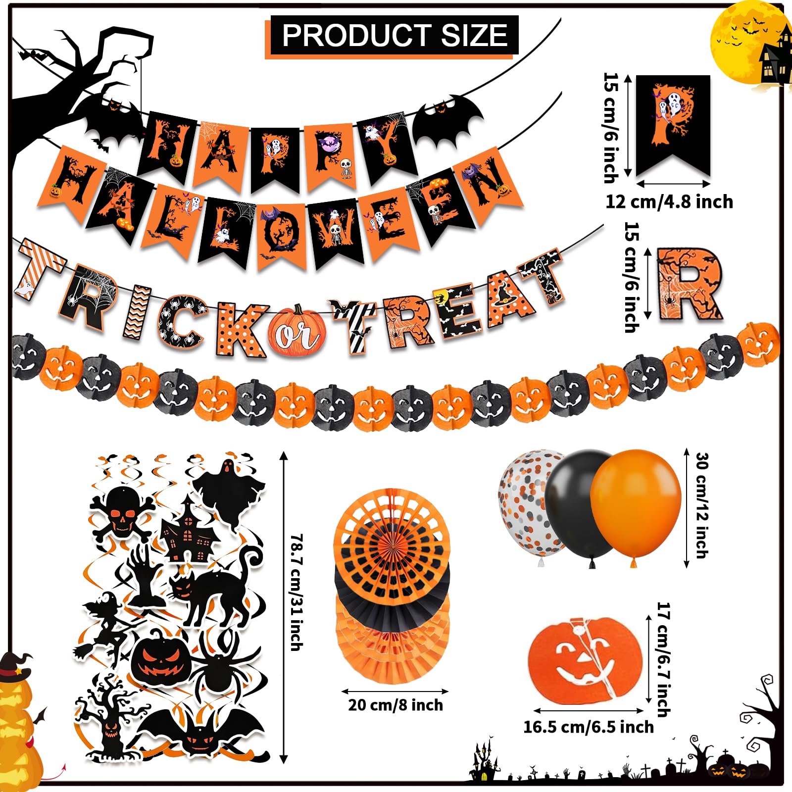 Happy Halloween Trick or Treat Banner Paper Fan Balloons & Swirl Streamers Goul Bat Cat Bird Ghost