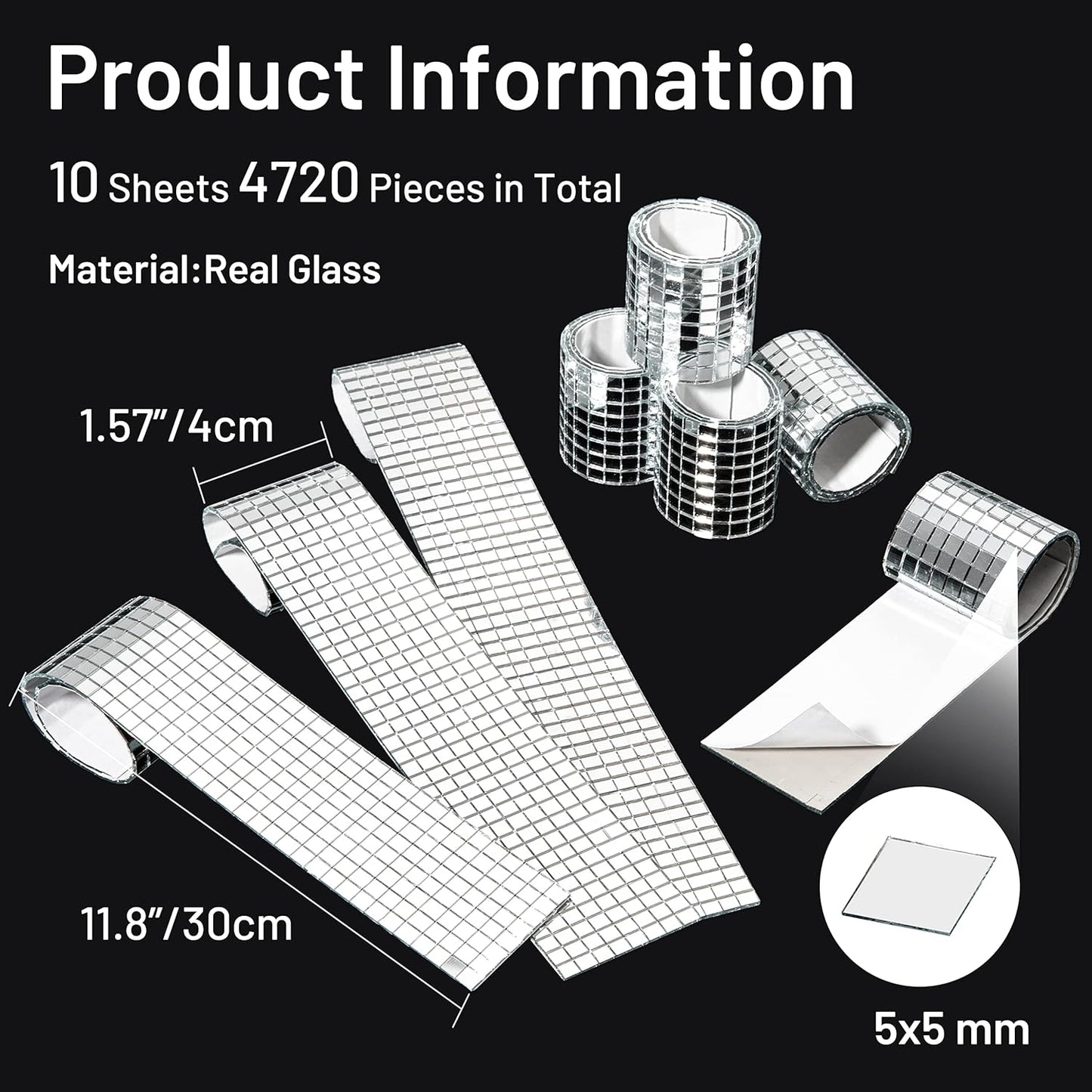 PP OPOUNT 4720 PCS Disco Ball Tiles, 5 x 5 mm Self-Adhesive Mirror Tiles for DIY Disco Balls, Mini Glass Tiles for Art Collage, Indoor Outdoor Craft Decoration(Silver)