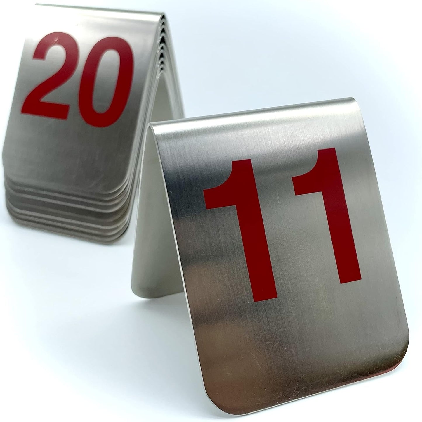 10 Pcs Metal Place Cards Stackable Tent Style Table Numbers，Place Card Holders for Celebration Wedding Party Restaurants Cafes Bars Gatherings meeting Room Board Game Serial (Medium 11-20, Red)