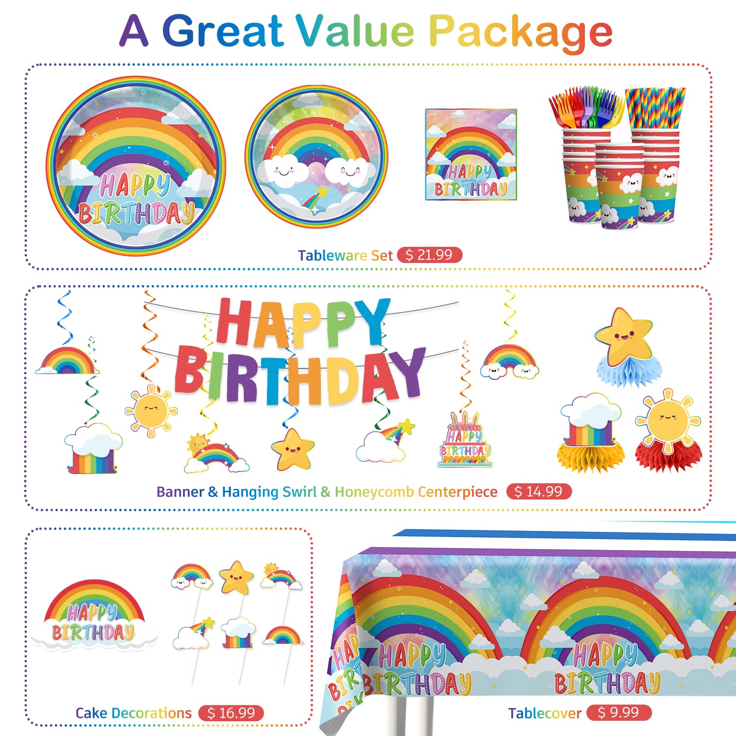 Cocomigo 213pcs Rainbow Birthday Decorations, Serves 25