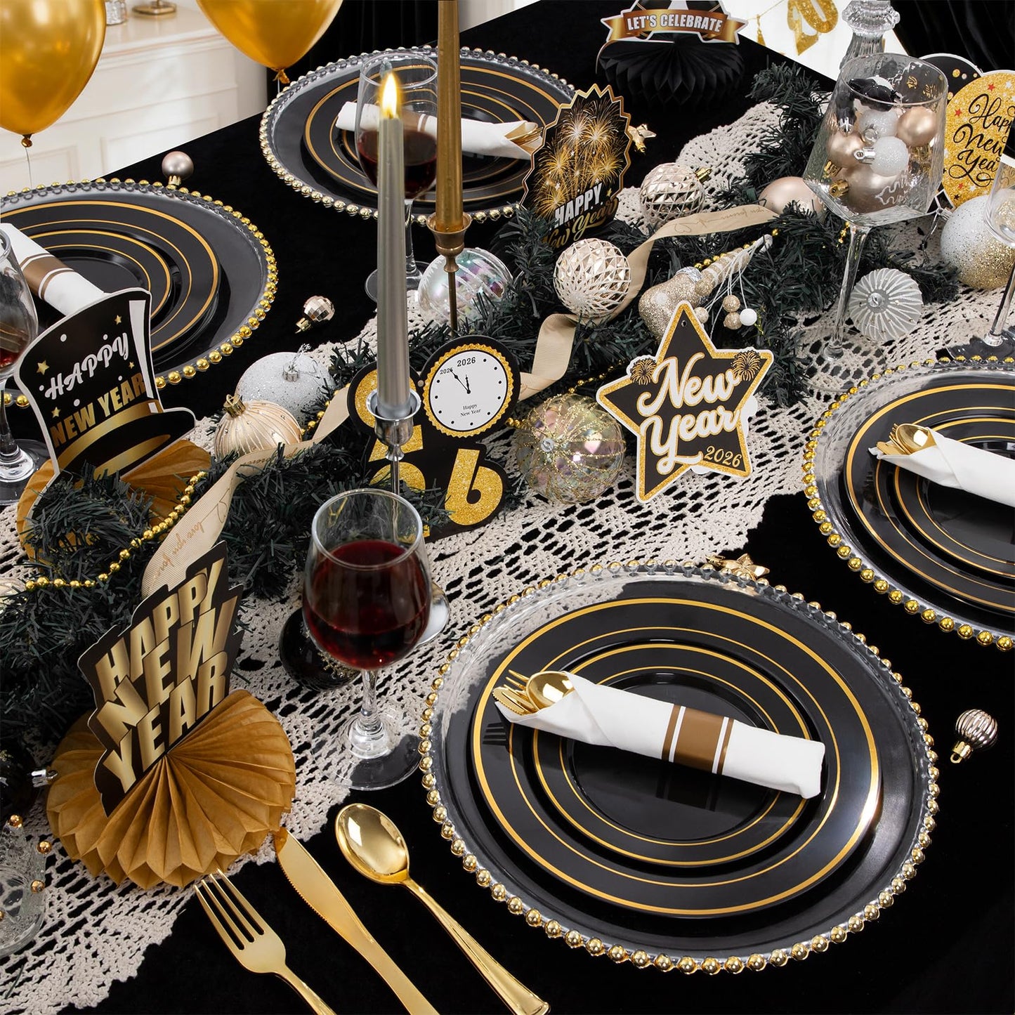 350 Pieces Black and Gold Plastic Plates with Disposable Silverware, Include 50 Dinner Plates 9”