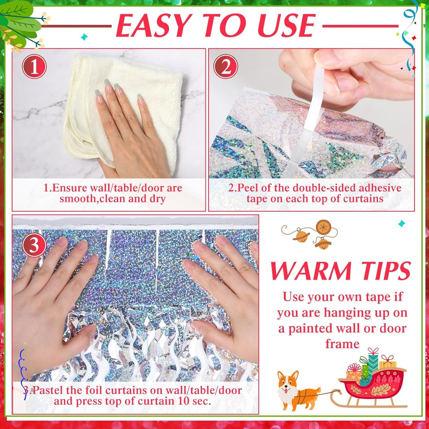 10 Pieces 3.3 x 6.6 Ft Foil Fringe Backdrop Party Wavy Tinsel Fringe Curtain Streamer for Happy New Year Carnival Party Favor 80s 90s Disco Ocean Sea Mermaid Birthday Wedding(Silver)