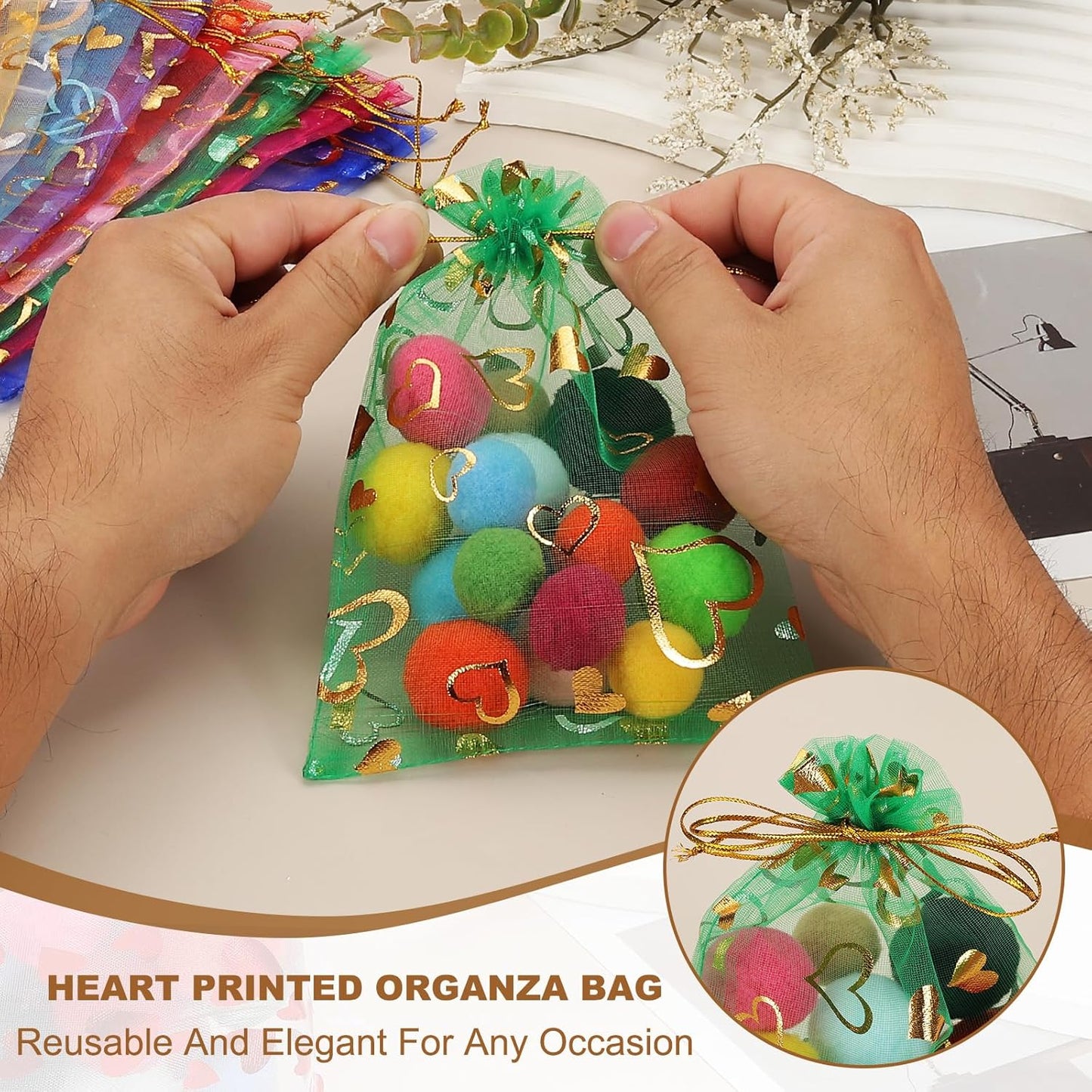 PATIKIL 100 Pcs 5x7 Inch Heart Printed Organza Bags, Pink Sheer Heart Organza Bags with Drawstring for Christmas Candy Jewelry Party Wedding Favor Gift