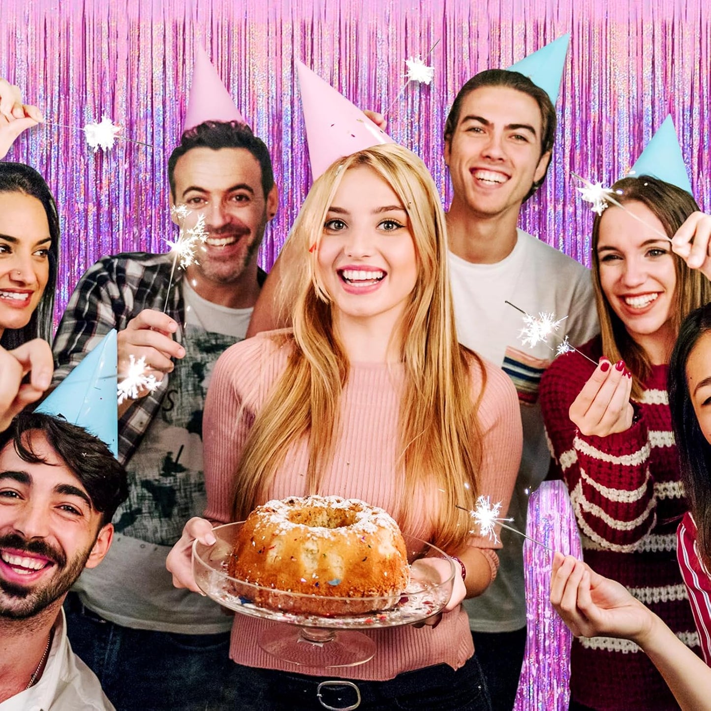 3 Pack Pink Foil Fringe Curtain Backdrop, 3.28Ft x 8.2Ft Metallic Tinsel Foil Fringe Streamer Curtains for Photo Booth, Mother's Day, Easter, Birthday, Wedding Party Decorations