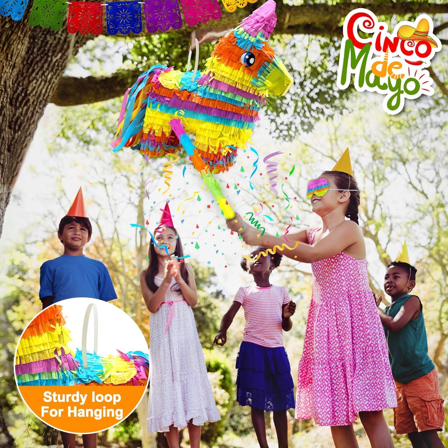 16" Cinco de Mayo Pinata, Large Rainbow Color Donkey Pinata 16 x 13 x 5.5 ln with Stick and