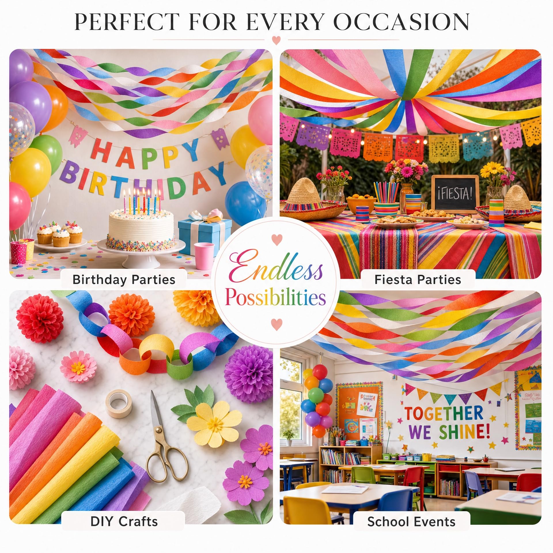 8 Crepe Paper Streamers, 656ft Pack of Rainbow Streamers Party Decorations