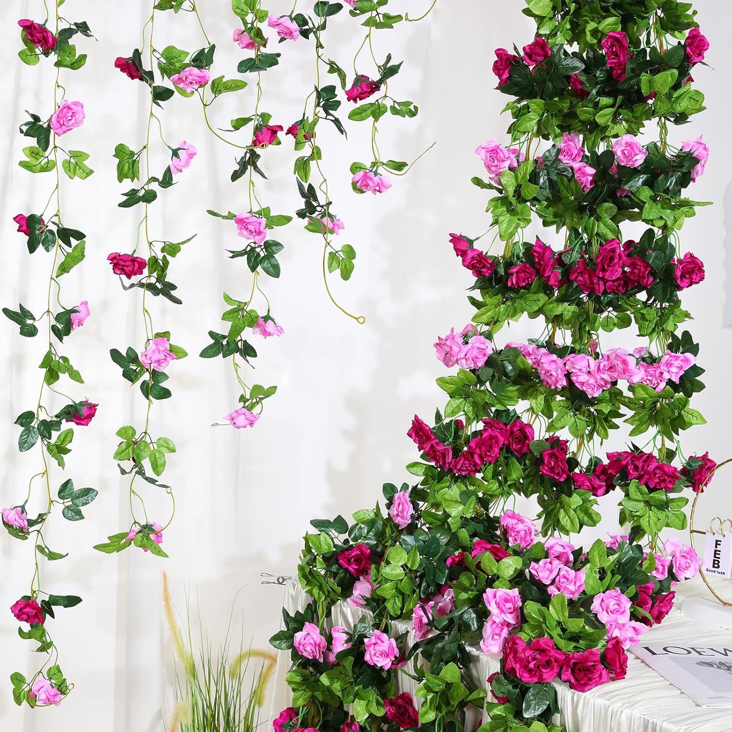 Floweroyal 6 Pack Artificial Flower Garlands 15.8FT Fake Rose Vines Silk Flowers Hanging Rose Ivy for Wedding Arch Party Home Garden Wall Decor (Fuchsia)