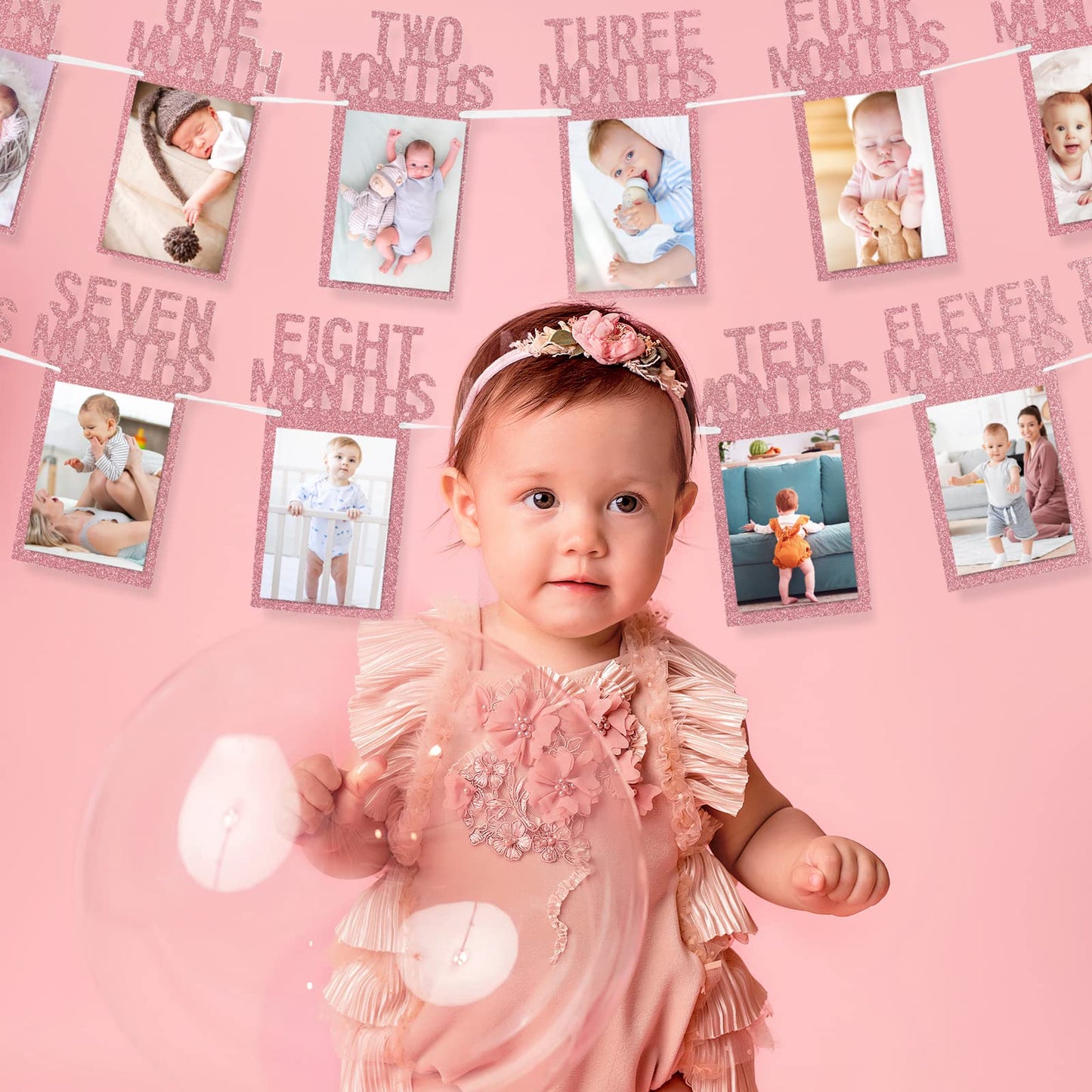 Whaline 1st Birthday Baby Photo Banner for Newborn to 12 Months, Monthly Milestone Photograph