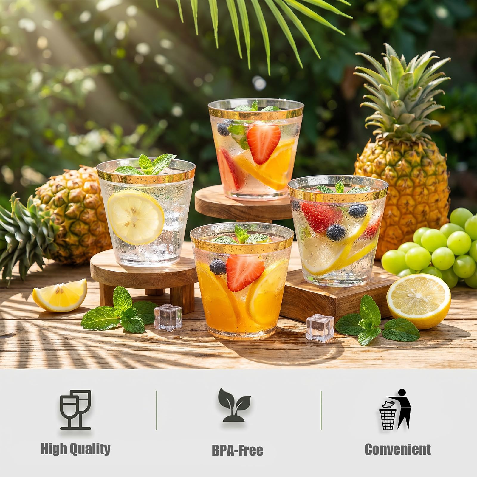 I00000 200 Pack Gold Plastic Cups, 9 Oz Elegant Clear Plastic Cups Gold Rimmed Disposable Wine