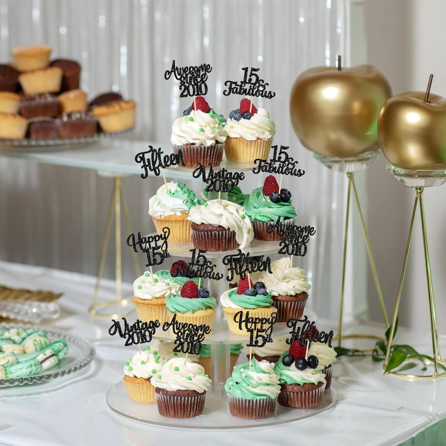 30Pcs Happy 15th Birthday Cupcake Toppers Glitter Fifteen Vintage 2010 Cupcake Picks Cheers to 15 Fabulous Cake Decorations for 15th Birthday Wedding Anniversary Party Supplies Black
