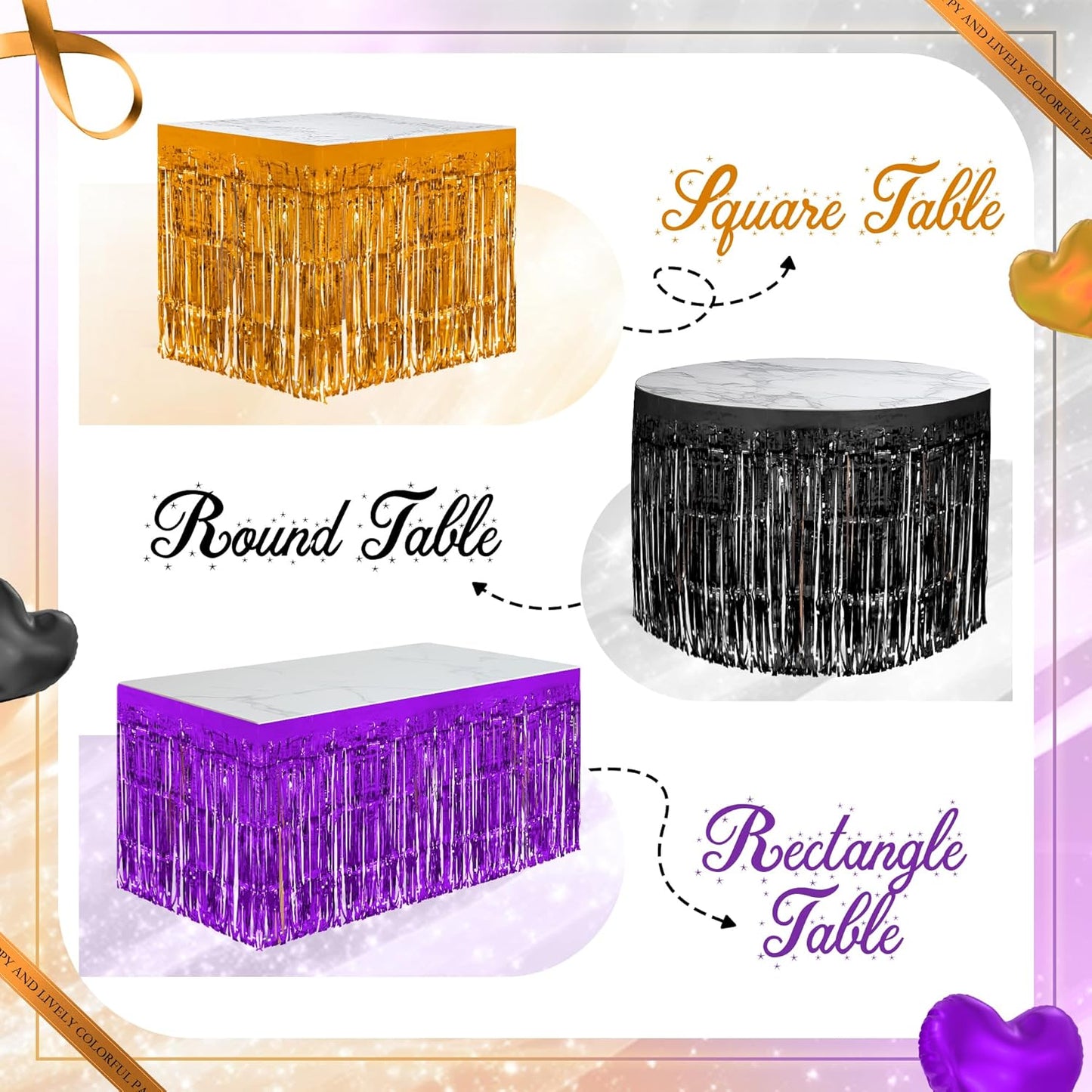 3 Pack Black Dark Purple Orange Table Skirts, 29x108" Metallic Foil Tinsel Fringe Table Skirt for Rectangle Tables Streamer Curtains Backdrop, Party Decorations for Birthdays, Weddings, Holidays