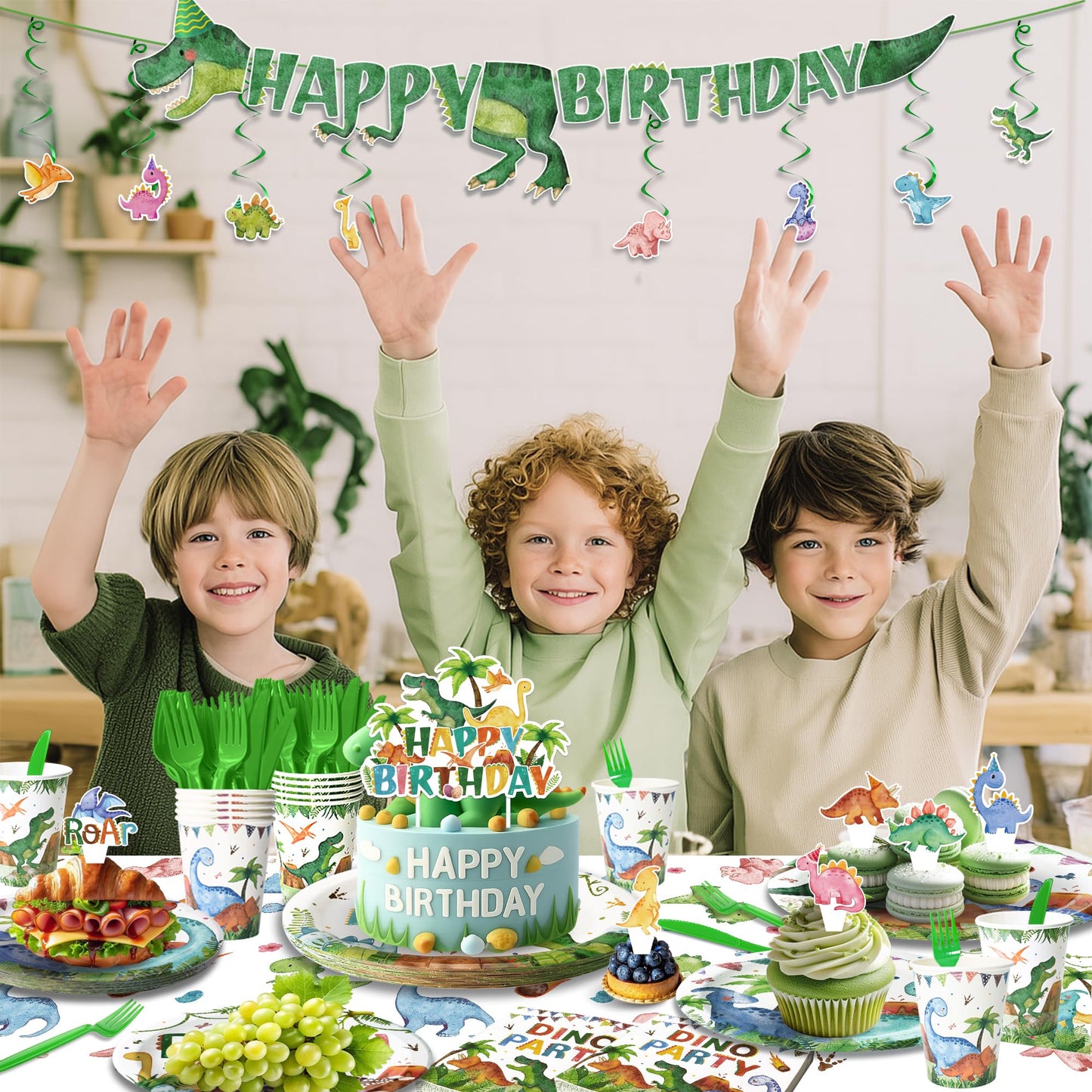 189 Pcs Dinosaur Birthday Party Supplies Set - Serves 24, Dino Decorations Kit with Banner