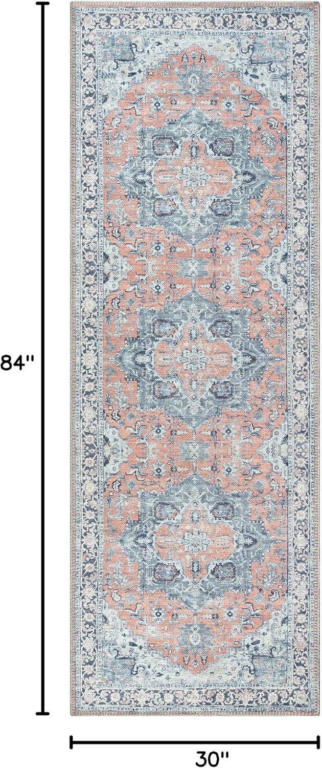 Bloom Rugs Washable Non-Slip 7 ft Runner - Coral/Blue Traditional Medallion Runner for Entryway, Hallway, Bathroom, and Kitchen - Exact Size: 2.5' x 7'