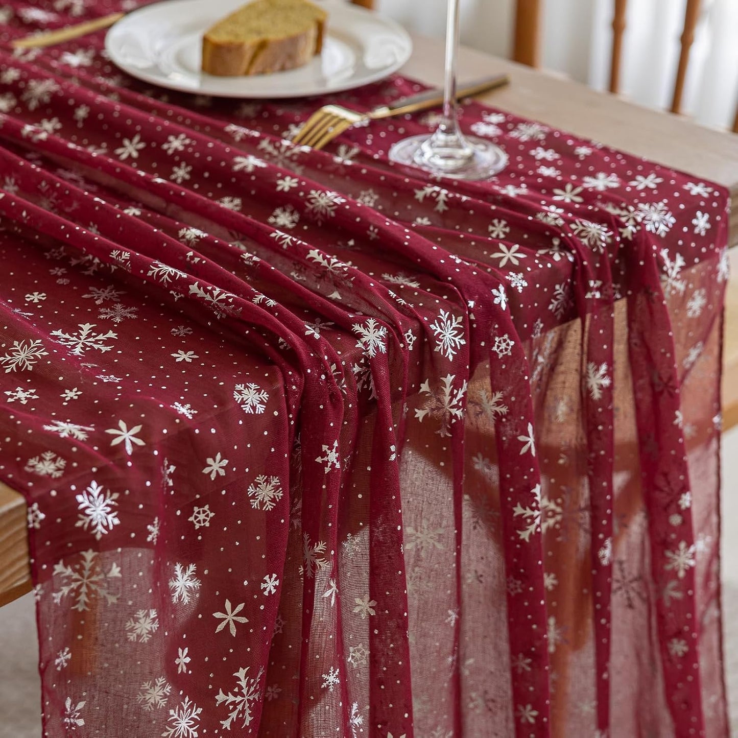 Silvery Snowflake Metallic Print Tulle Christmas Table Runner, Seasonal Winter Kitchen Dining Table Decoration for Home Party Decor 35x120 Inch (Burgundy)