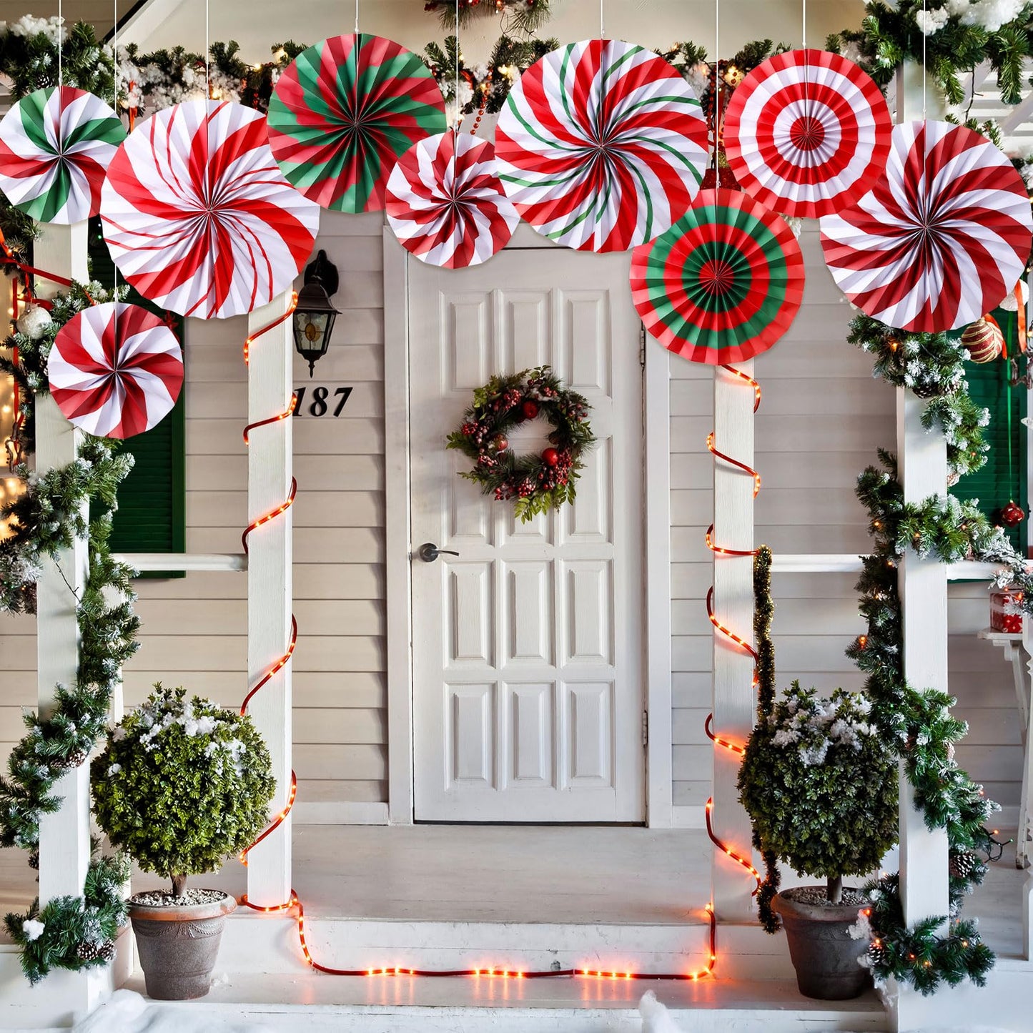Outus Christmas Hanging Decorations Candy Paper Fans Peppermint Hanging Paper Fans Candy Cane
