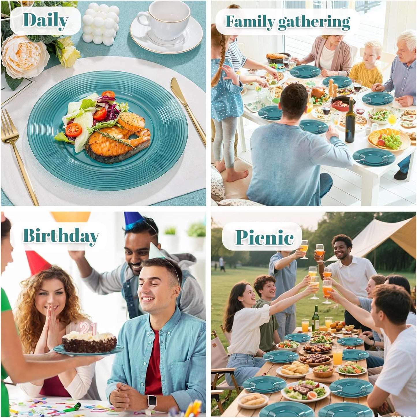 FLOWERCAT 100PCS Clear Blue Plastic Plates - Heavy Duty Plastic Plates Disposable -Straw hat plate for Summer party &Wedding - Serve for 50Guests party(10inch & 7inch)(Mediterranean Blue)