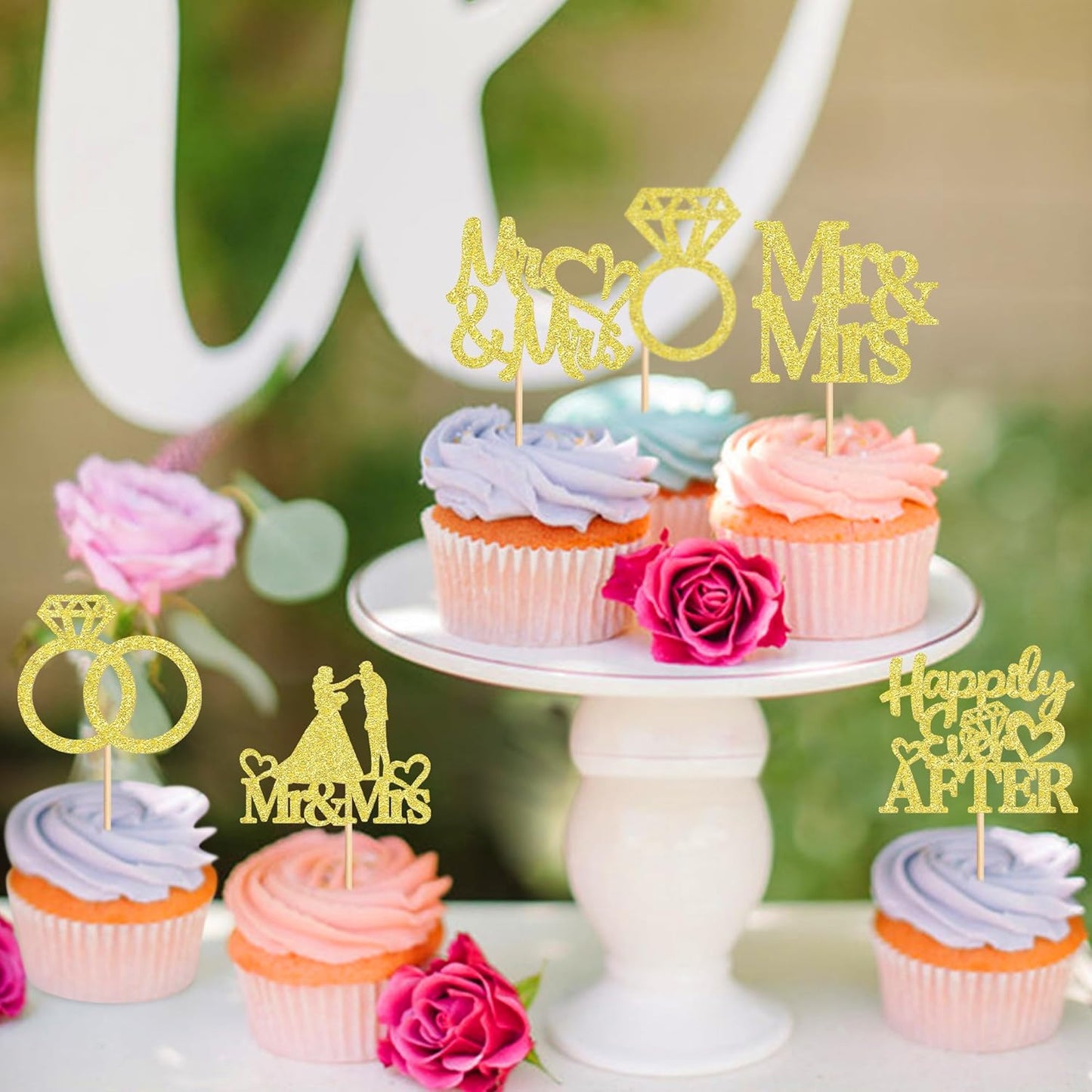 24 PCS Mr & Mrs Cupcake Toppers Wedding Engagement Party Picks Bridal Shower Anniversary Party Cake Decorations Supplies