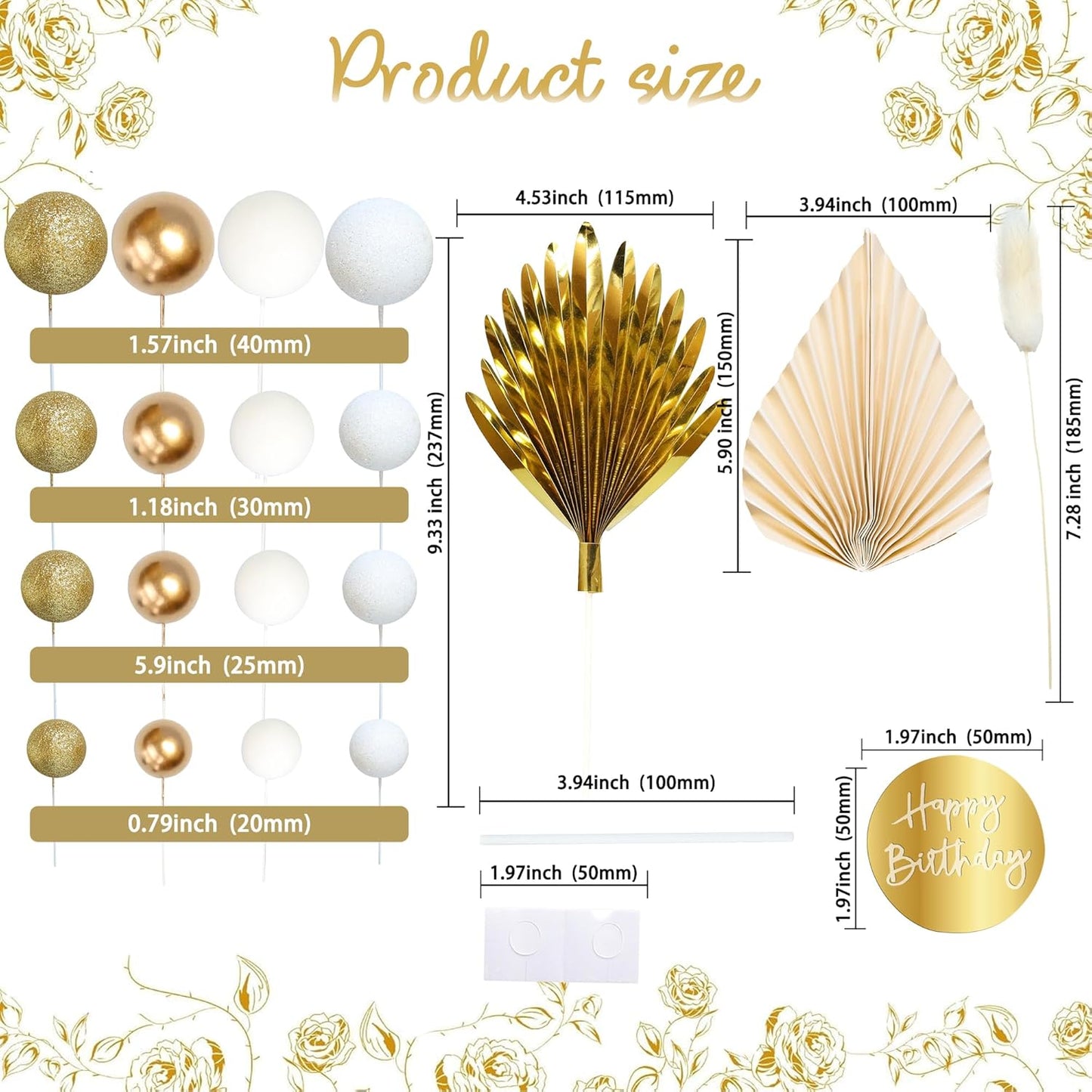 Ephlyn 33 Pack Balls Cake Toppers Boho Palm Leaves Cake Decorations Round Acrylic Happy Birthday Cupcake Toppers for Birthday Wedding Baby Shower Party Supplies Gold White